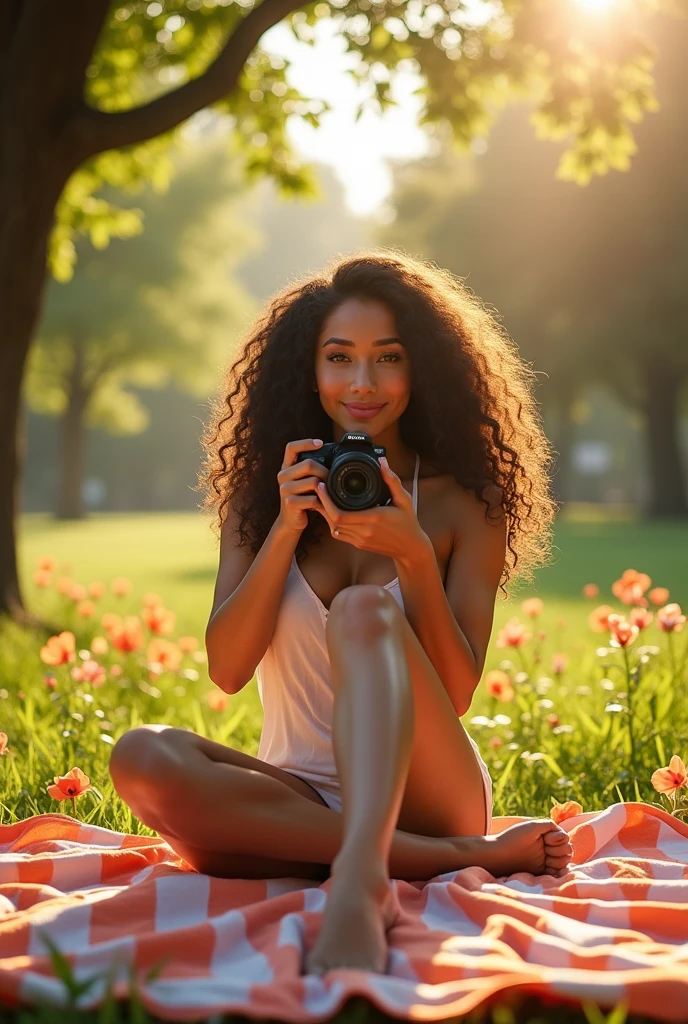 A brunette girl with curly hair and big breasts sits with her legs stretched out, taking a realistic photo