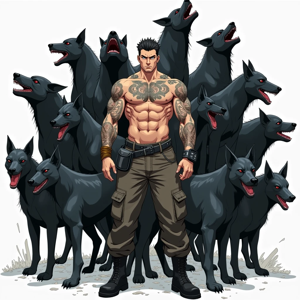 Anime style, best quality,masterpiece,Ultra-high resolution,1 person,looking at the audience,one,Yamamoto Takashi style,Countless black evil black dog beasts surrounded him，
simple background,White_background,Machinery Division，Exoskeleton，Cold-blooded adult man，toughboy style, Shirtless,trousers, muscle, tattoo, no adult content, detailed face 