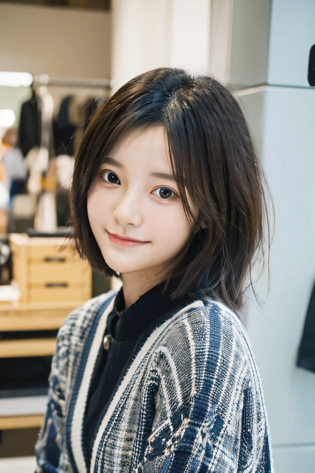 student girl korean cute　face　model studio photo background in departemen store highly detailed ,8k, masterpiece ,short hair , wearing casual clothes 