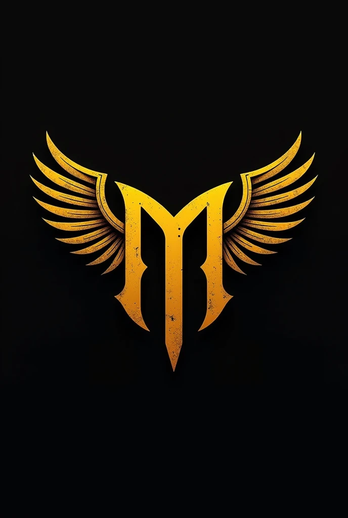 Logo with the letter M as a mythological symbol and wings. Black and mustard yellow color.