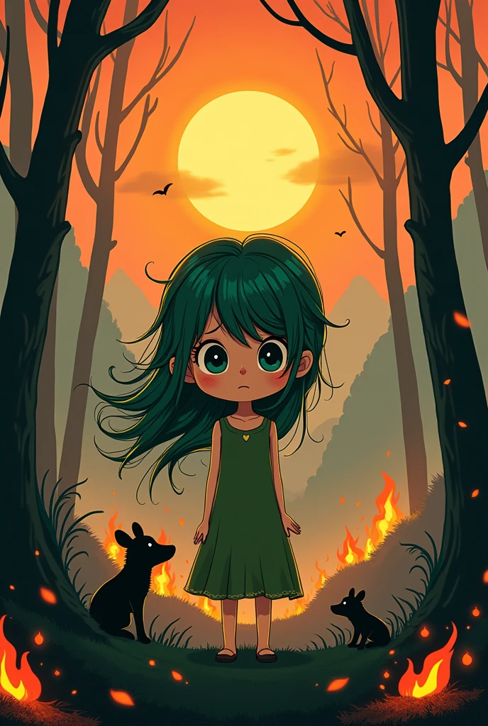 An illustration that reflects the human cruelty of burning Chile&#39;s native forests, that the animals are distressed and the flora, Well, burned. I need the illustration to be clean, anime and easy to draw.