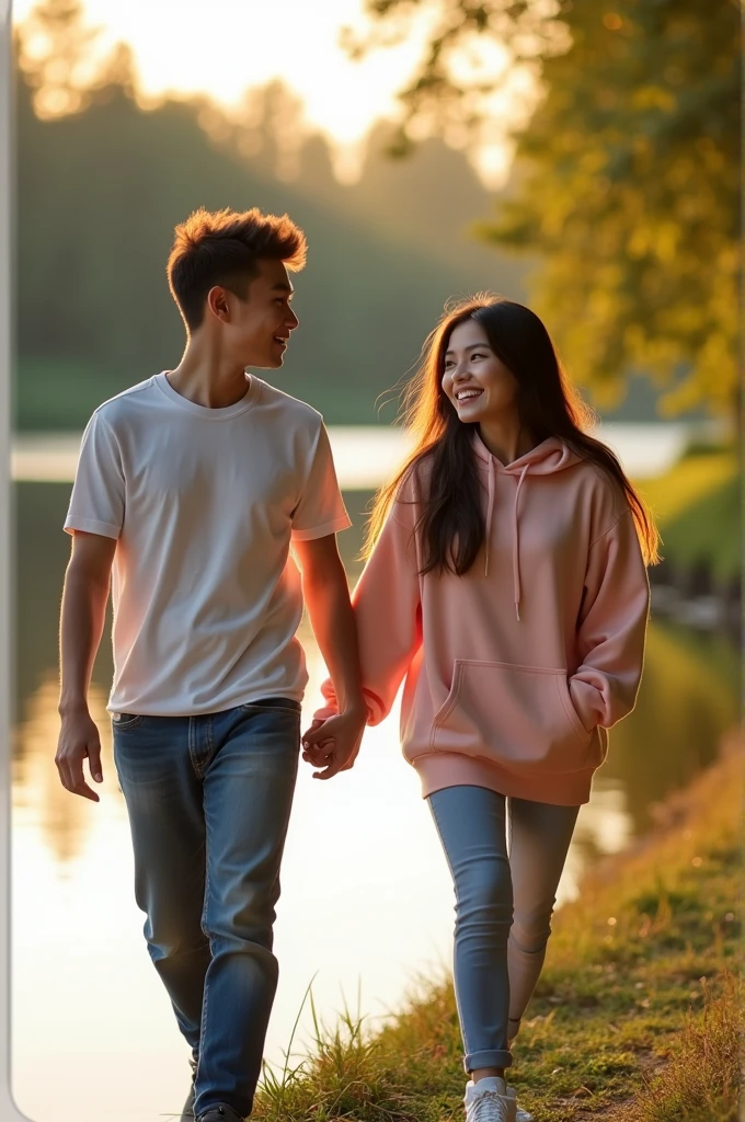 a pretty chubby asian girl wearing casual clothes is walking hand in hand with a handsome asian boy on the edge of a beautiful lake