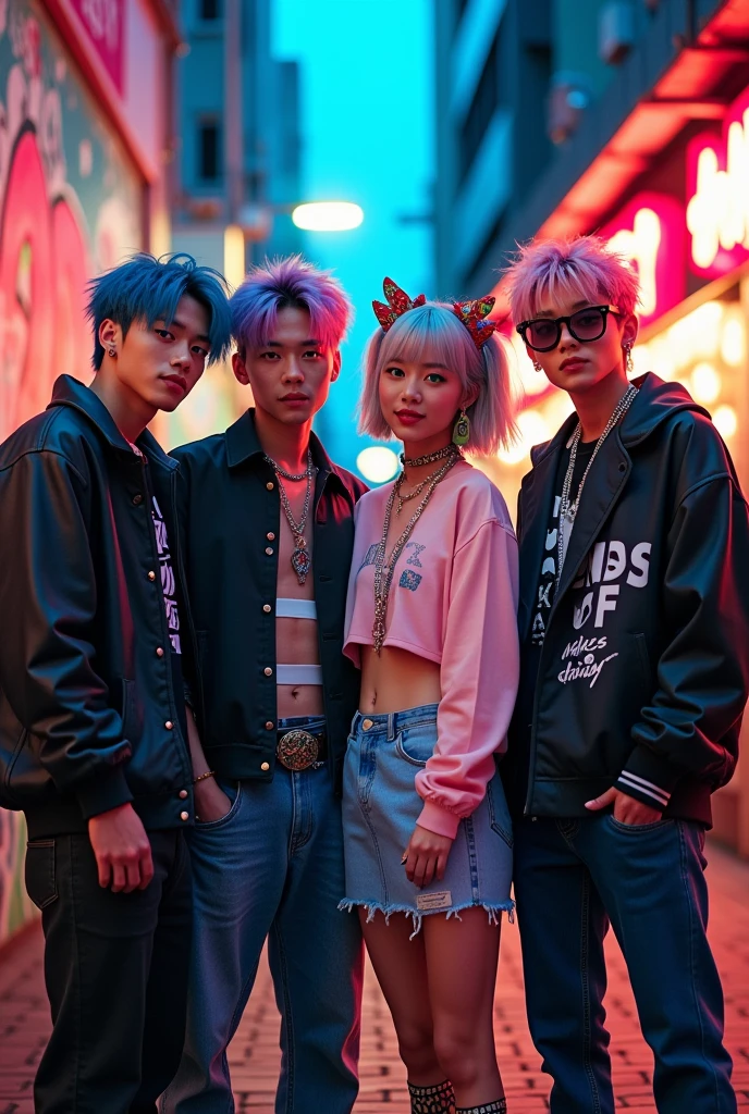 CREATE A MIXED K-POP GROUP MADE UP OF TWO MEN AND TWO WOMEN WITH A THEME OF BEING ROUGH AND CUTE AT THE SAME TIME WITH THE NAME OF STRAYKIDS


