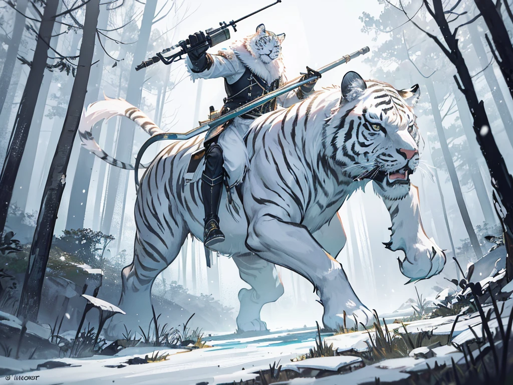 big white tiger standing in the swamp. a white-robed hunter with a bow riding the tiger proudly in the dense forest, foggy weather, tiger looks dashing and cool biting slime monster, there is snowfall in the forest, realistic, Bright colour, Zoom out, camera used cannon dslr camera. detail,