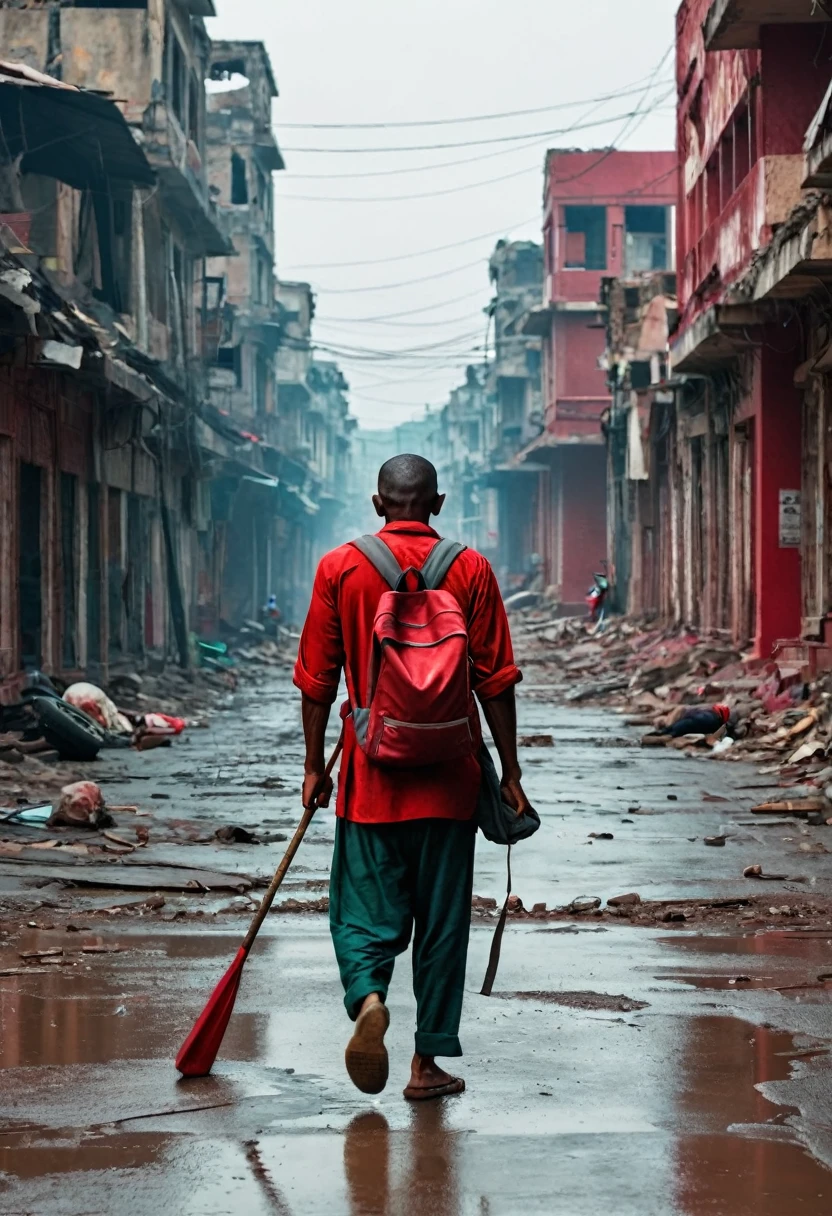 deddyfebriyadi, *A lone man, with a face showing fatigue and toughness, walks on an empty street. Surrounding him are broken buildings and abandoned cars. The entire scene is bathed in a red theme. The man carries a makeshift spear and a backpack.*
