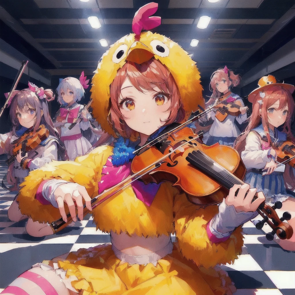 Girl in a chicken costume, Anime girl playing the violin and a group of others, Nightcore, Best anime 4k konachan wallpaper, orchestra, Official artwork, hochangeve, everyone, Anime Cover, Vocaloid, high detailed Official artwork, change, Pixiv, Idol Master, sayori, Profile photo 1024px, Splash art anime , 80s anime style, Pixiv contest winner