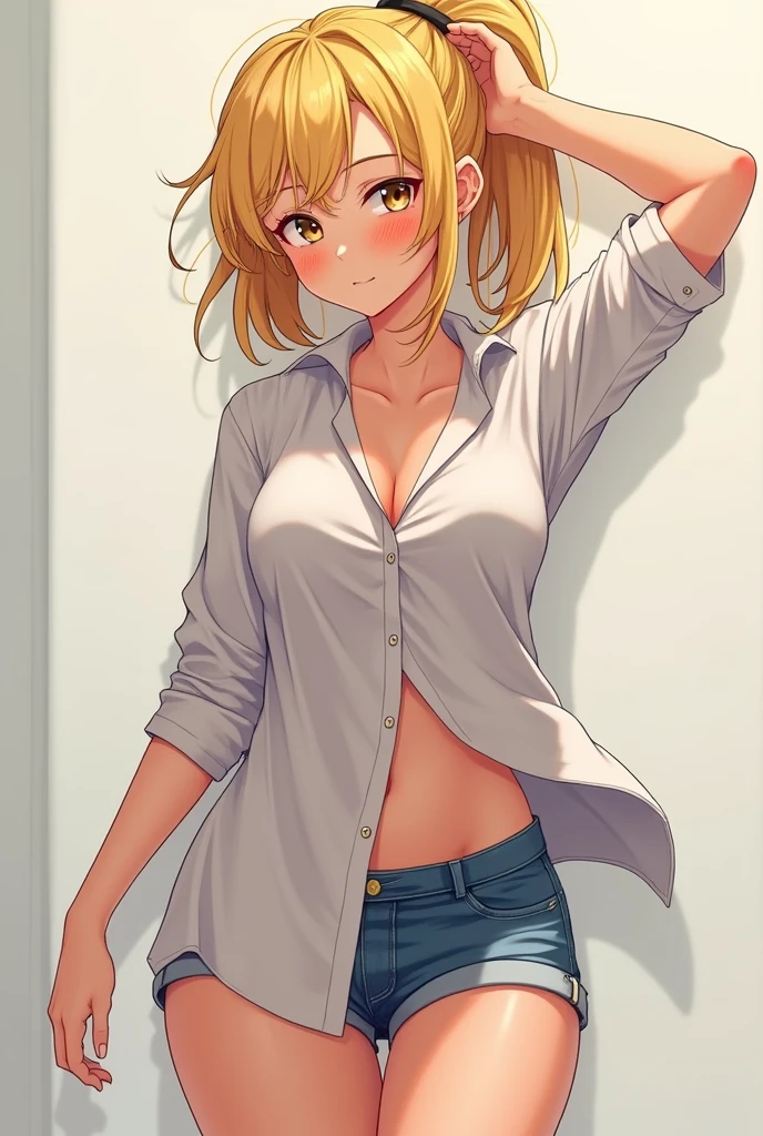 (detailded) (high qualiy) (High definition) (anime styling) adolescent, hair blonde, Youngh, audacious, sexly, wearing in shirt, no pants, excitado, burlas, burlas a shy de 18 anos boy, shy, excitado, protruding dick,