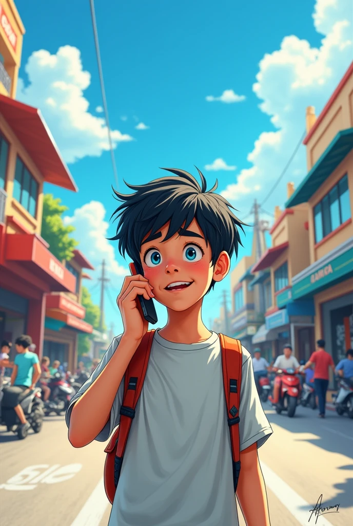 A boy in a road with mobile calling