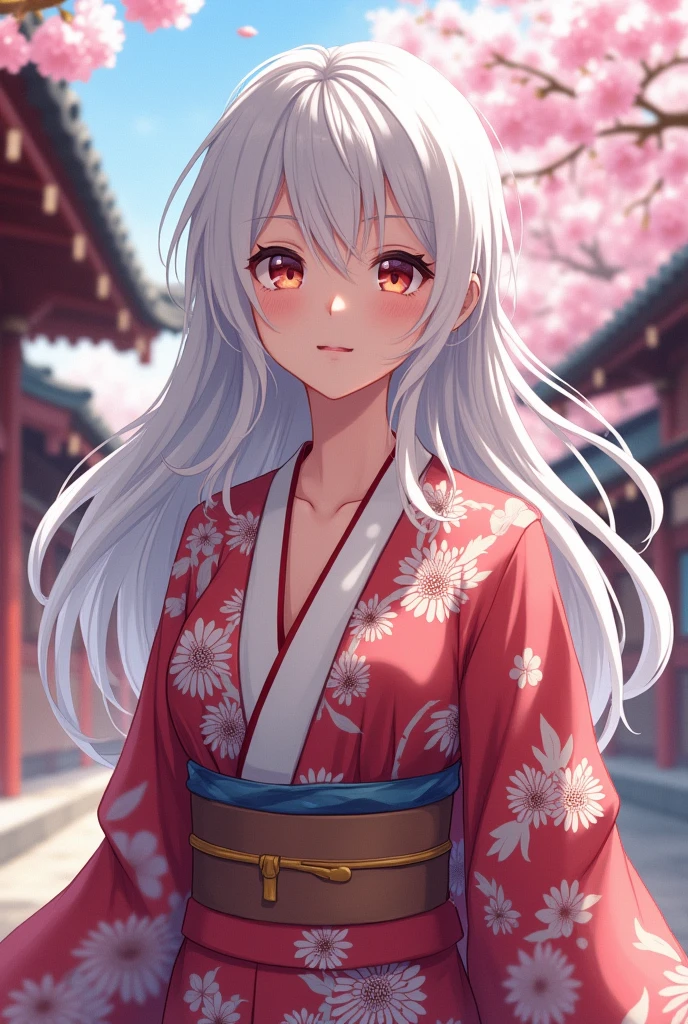 Knife a white woman with big breasts. She has a serious and welcoming face. She has white hair but she is young, is 25 to 26 years old. in anime style. Please take multiple angles and multiple images.. She wears clothes like in ancient Japan and the environment is in Japan.. Her breasts are bigger and she wears a kimono. She has bigger breasts and wears a low neckline.