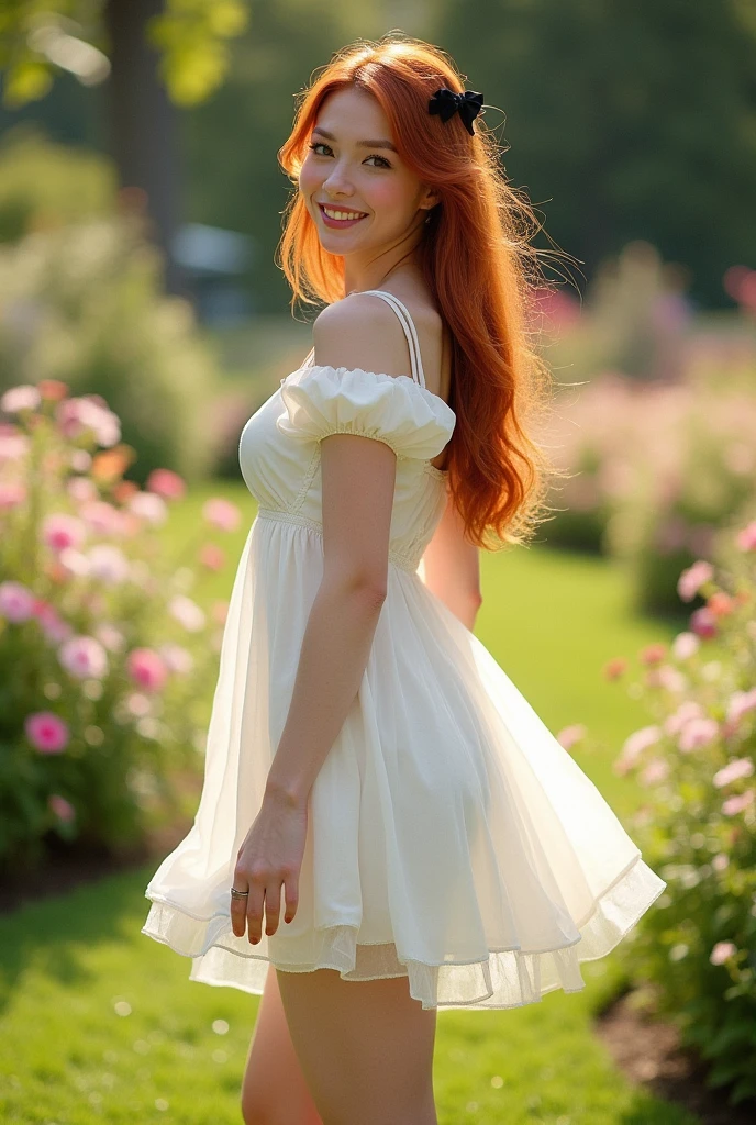 ultra realistic, photography, long red straight hair, 24 years old, hourglass figure, perfect fit body, natural medium breasts, (Best Quality,high resolution), a small black bow in her hair, vivid colors, wearing a short white thin summer dress, the dress is flowing in the wind, perfect round cleavage, Sharp focus, beautiful detailed eyes, beautiful detailed lips, White skin, Lovely makeup, soft and flowing hair, delicate features, elegant pose, gentle smile, background with flowers, garden landscape, soft sunlight, full body picture, she is barefoot, painted toes