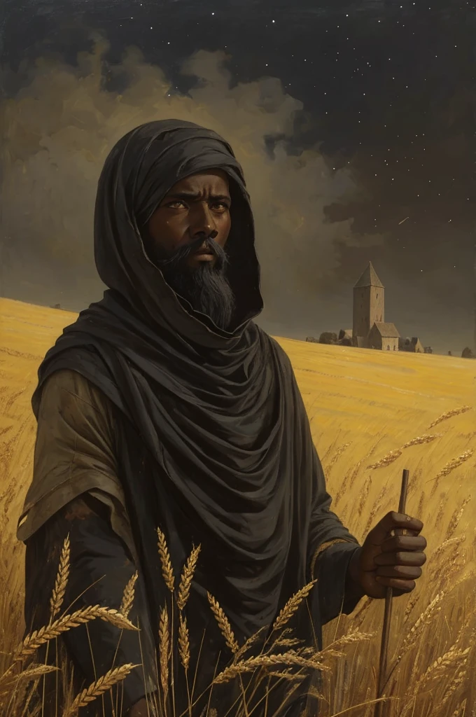 A painting of a young man in a dark wheatfield, Ethiopian medieval peasant, survivor, scuffed face, sad painting, empty defeated eyes, meek, frail, very gaunt, in a golden field at night, empty night sky, pitch-black sky, charcoal colored sky, very tall field, crude art, paint streaks, very low visibility, eerie, close up, messy painting, hiding in wheat field, midnight, bandages covering stump, missing arm, wounded, plagued, long scruffy hair, scuffed garments, scruffy black beard