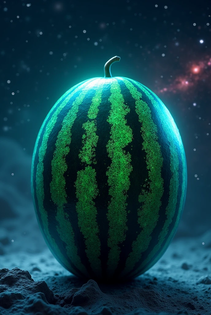 Draw a picture of a watermelon that is futuristic and mysterious and attractive.