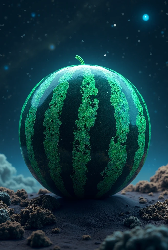 Draw a picture of a watermelon that is futuristic and mysterious and attractive.