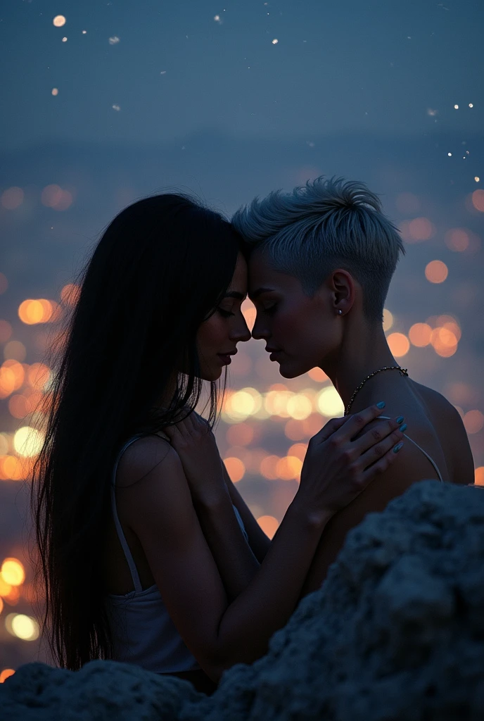A couple of girls, a dark brunette latina, with straight black hair, and the other girl is white with black hair with a man's haircut with manly features, hand holding, being in love, sitting watching the lights of a city at night from a mountain