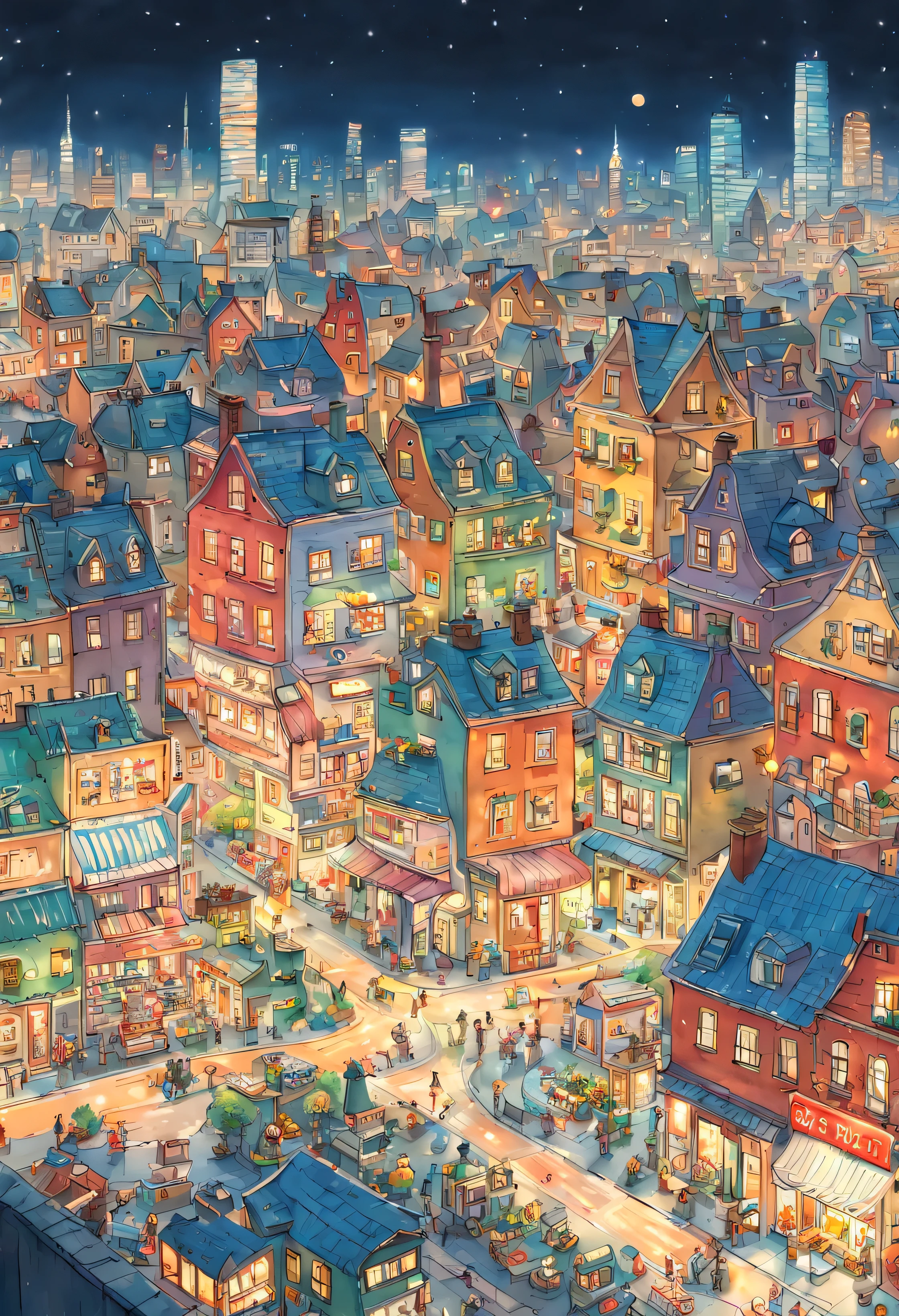 City View, Night, by Richard Scarry, enhance, intricate, (best quality, masterpiece, Representative work, official art, Professional, unity 8k wallpaper:1.3)