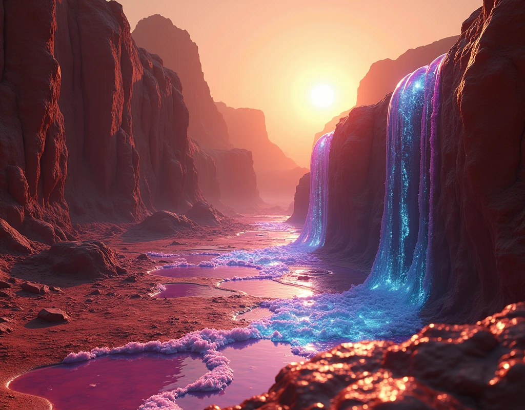 there is a veiny dark membrane growing in a rift between two martian land masses, the membrane is air tight and anchored itself to rift walls, and climbing higher, ethereal rainbow membrane, iridescent soapy membrane, ethereal membrane, membrane, foamy membrane, soap membrane, rainbow membrane, membrane air bubbles, water bubble, magic membrane barrier, bubbles rising, huge membrane, liquid sculpture, magic membrane barrier, membrane rising, huge membrane, membrane closed cell foam and froth at the base of the bubble, the main structure can be seen from satellite pictures, viewer and astronauts are inside a terraformed alien membrane. the biological membrane of the bubble surface is reminiscent of botanotech from series raised by wolves,
