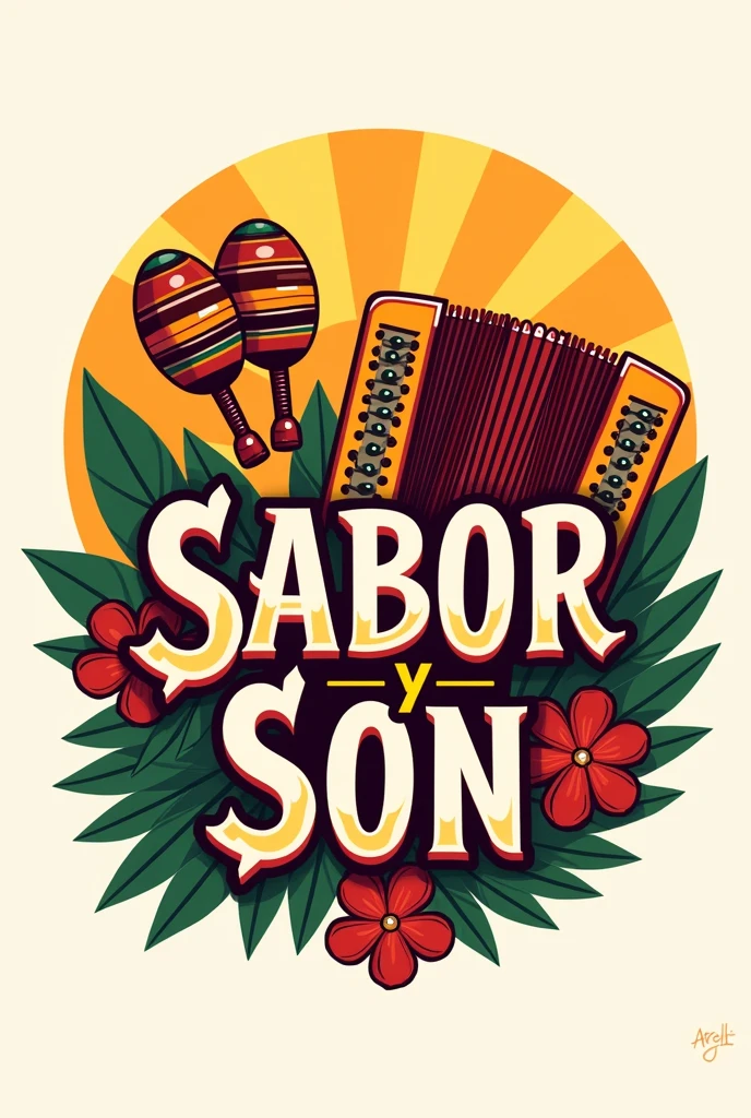 make a logo for a cumbia group called Sabor y son, with warm colors With musical instruments