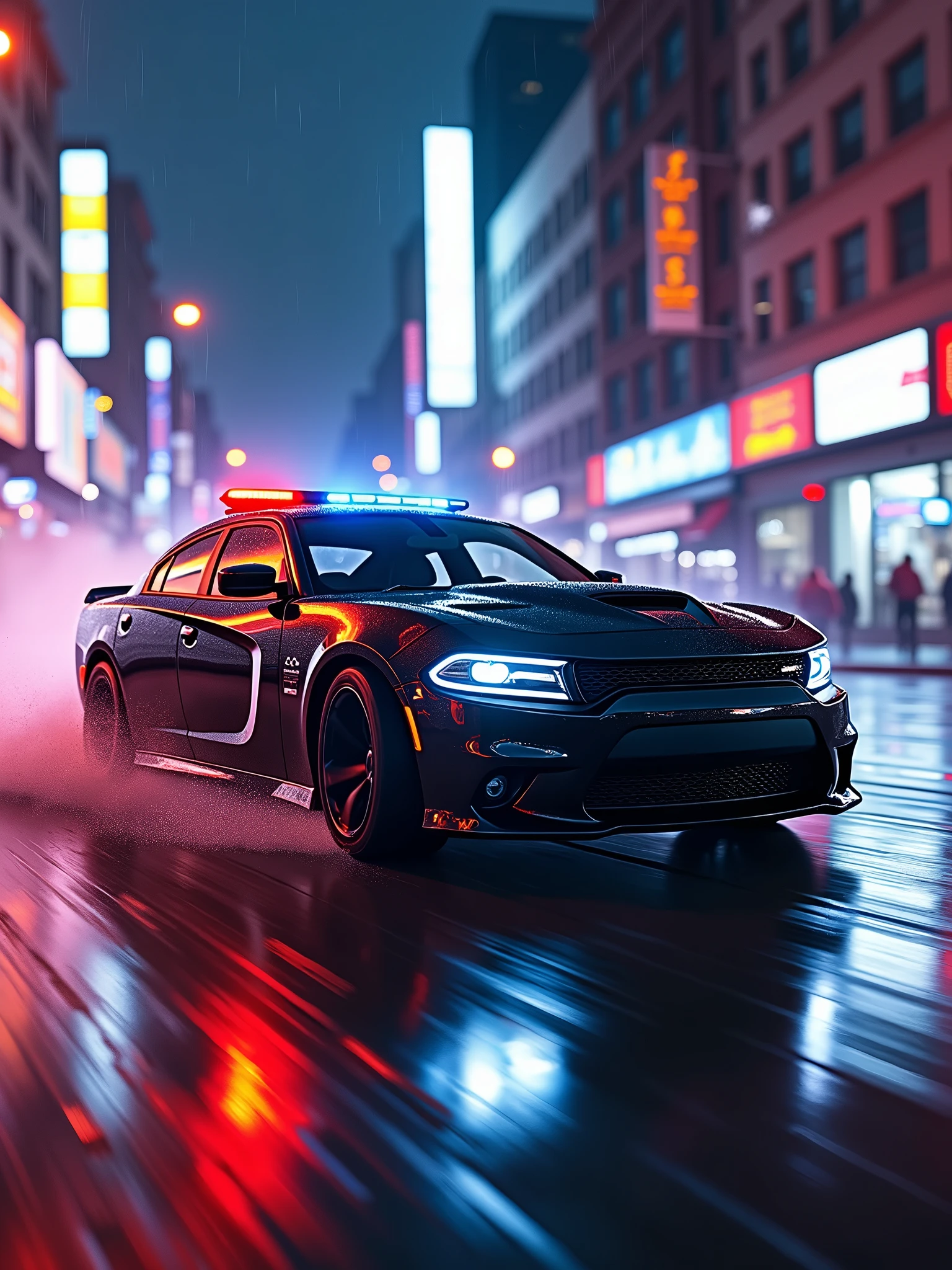 Dodge charger srt hellcat cop drifting chase, action shot, high speed, night life, heavy rain, lens flare, intricate, elegant, highly detailed, realistic, concept art, matte, sharp focus, hearthstone