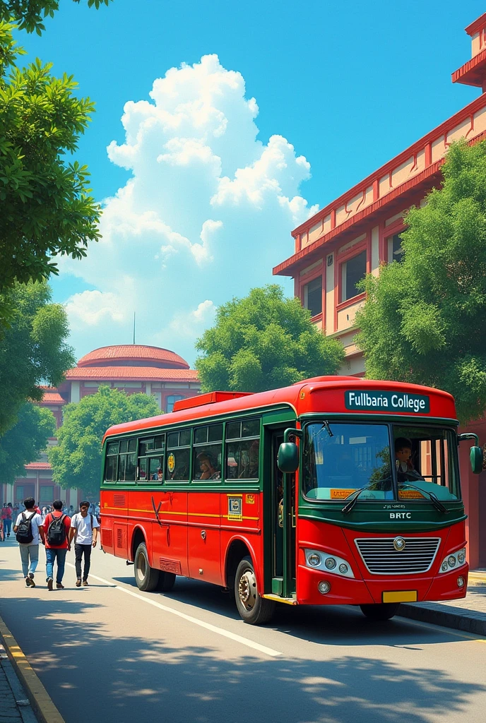 Create a side view image of a red and green BRTC bus with the name 'Fulbaria College' clearly displayed along the side. The bus should be parked in front of a college entrance, with a few students visible near the bus, suggesting it's a dedicated service for the college. The setting should reflect a typical Bangladeshi urban environment, with some college buildings in the background