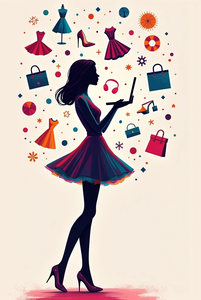 A background profile design of a girl (not a real person but more on a silhouette ) about shopping different kinds of products online more focused on fashion.