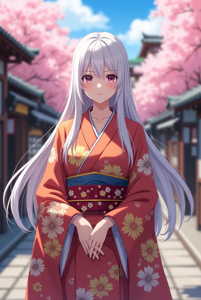 Knife a white woman with big breasts. She has a serious and welcoming face. She has white hair but she is young, is 25 to 26 years old. in anime style. Please take multiple angles and multiple images.. She wears clothes like in ancient Japan and the environment is in Japan.. Her breasts are bigger and she wears a kimono. She has bigger breasts and wears a low neckline. She has very large breasts