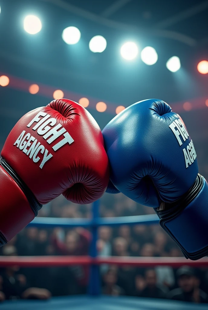 FIGHT AGENCY written on the red and blue boxing gloves kwai agency