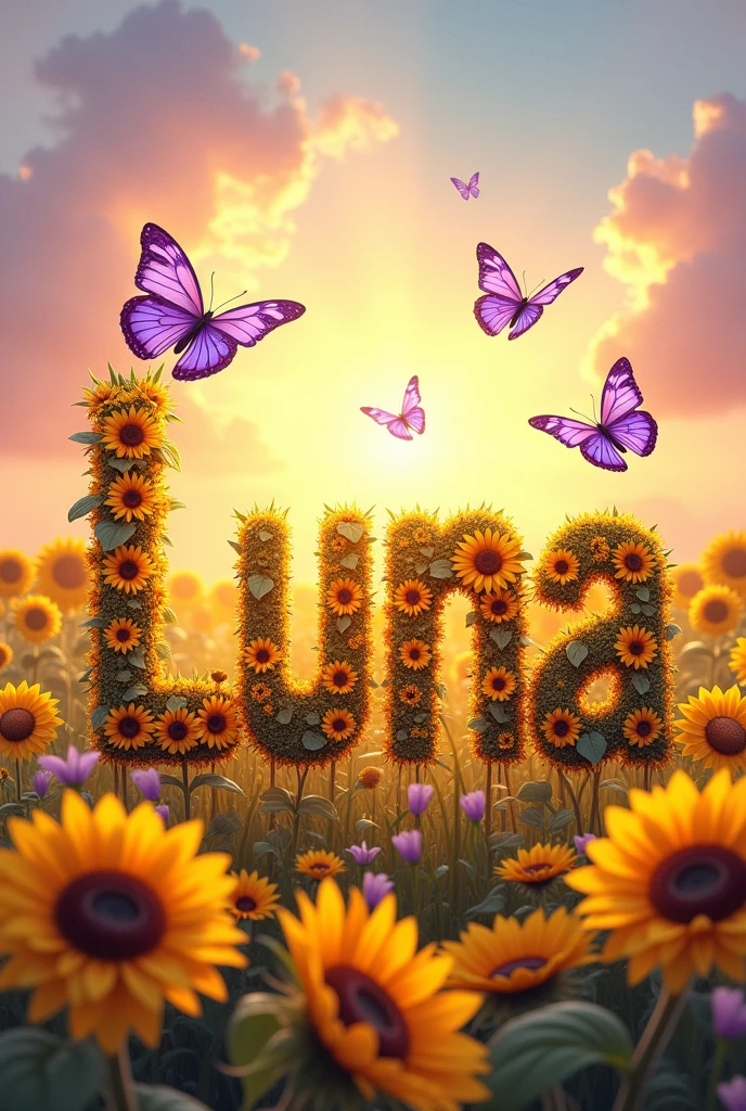 You can create an image with the name luna in Spanish that has sunflowers in the letters and purple butterflies?, that looks very nice