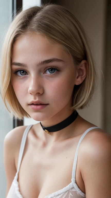 High resolution, AW images, Masterpiece, ((Ultra Detail)),(( Beautiful Art, 18 yo blonde girl . Full lips. Eyes wide)). ((Very short hair)), well-trained body, sweaty skin, choker, sheer Babyl