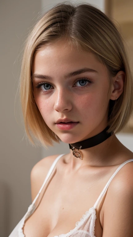 High resolution, AW images, Masterpiece, ((Ultra Detail)),(( Beautiful Art, 18 yo blonde teen girl . Full lips. Eyes wide)). ((Very short hair)), well-trained body, sweaty skin, choker, sheer Baby Doll