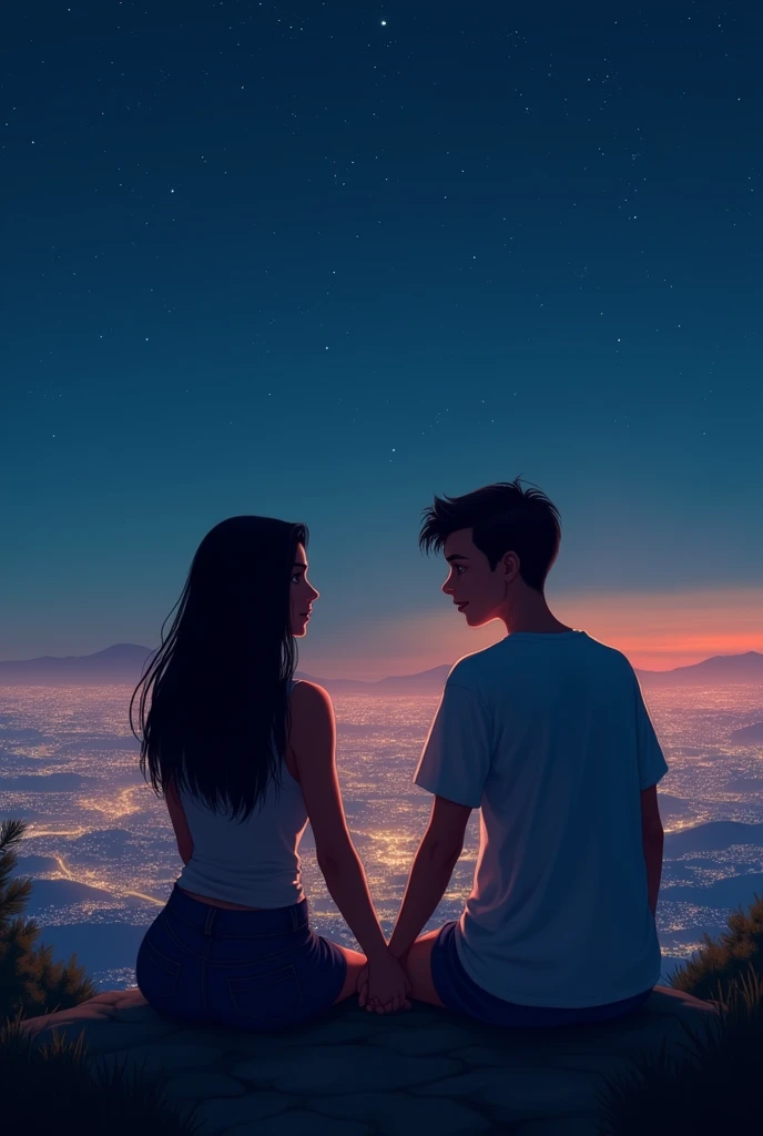 A couple of girls, a dark brunette latina, with straight black hair, and the other girl is white with black hair with a man&#39;s haircut with manly features, hand holding, being in love, sitting watching the lights of a city at night from a mountain 