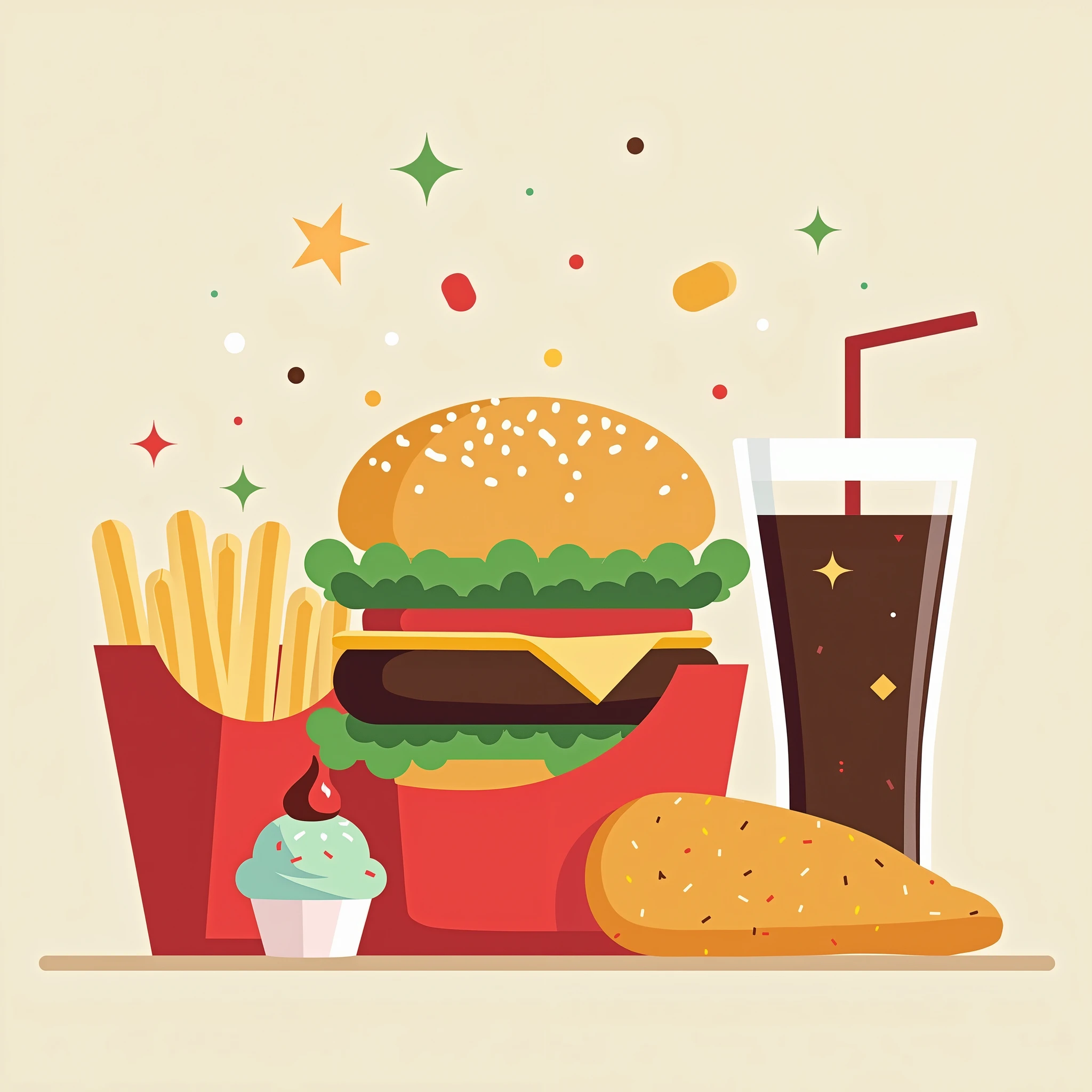 modern style，Flat设计，a fast food shop，Hamburger，fries，Cola，Ice cream，Fried chicken，Minimalist style，Non-realistic style，Flat，flat style