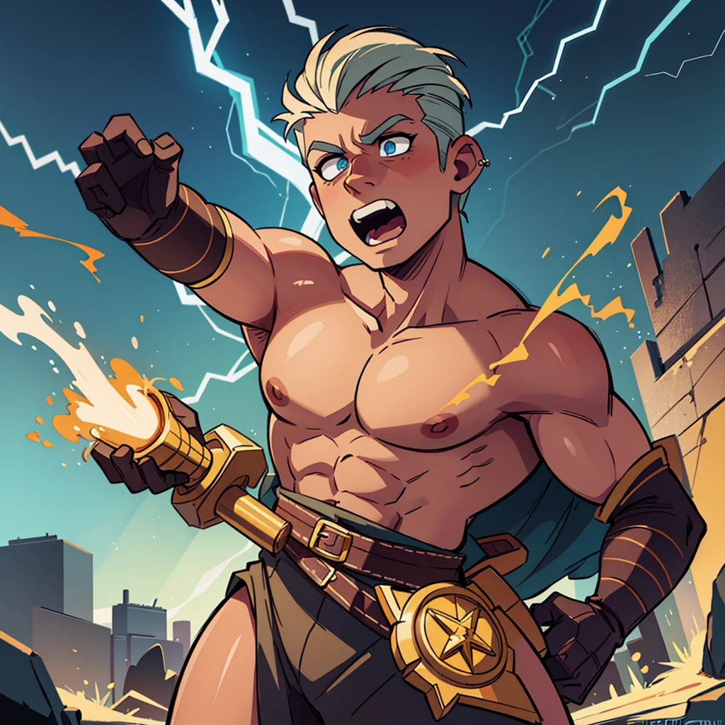 a powerful god zeus, striking a dramatic pose, holding a bolt of lightning, detailed muscular body, man, man, man, man, man, chiseled facial features, piercing eyes, dramatic lighting, cinematic composition, digital painting, vibrant colors, fantasy art, 4k, hyper detailed, photorealistic, dramatic shadows, god-like presence, awe-inspiring, dynamic pose, powerful aura