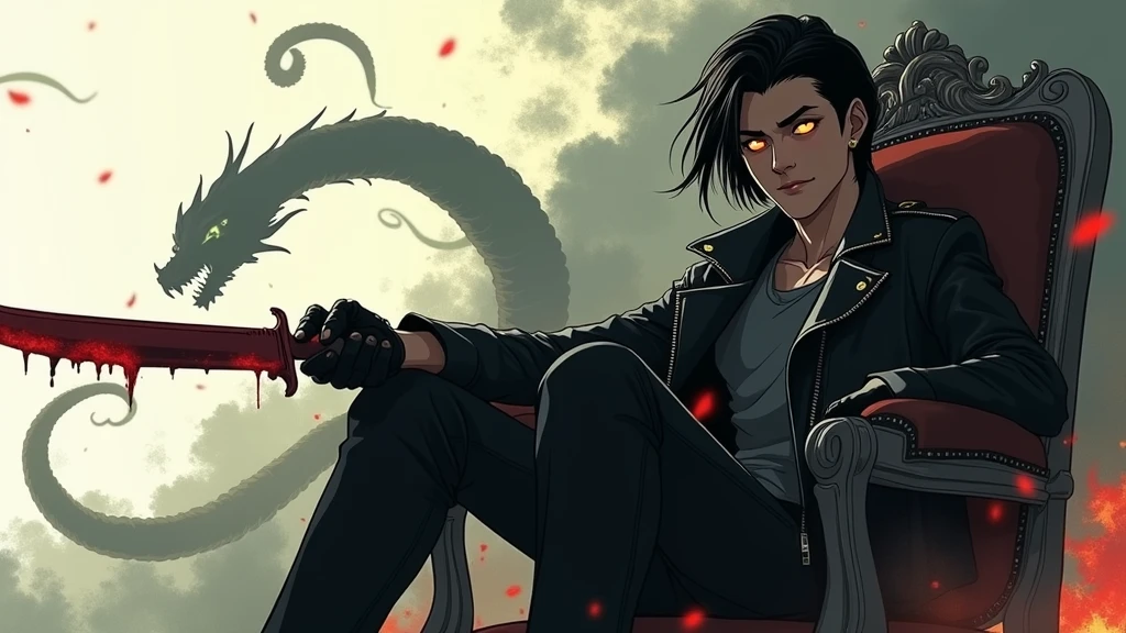 ((illustration)), (best quality)), ((masterpiece)), (detailed), teenager, 1male, black hair, jacket, black gloves, coat, sunglasses, leather, solo, anime, city, night, flat color, demons, snakes, monsters, chair, holding knife, glowing eyes, smoke, bloody, blood on clothes, blood on face, crazy smile, war, chaos, cinematic, epic, comic, fire, explosion,
