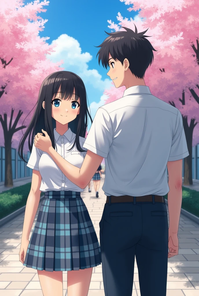 A Japanese high school girl with straight black hair and a male high school student with his hand on her shoulder。
A painting that looks like a photograph。
The uniform is a white shirt。
The skirt is checkered in light blue, navy blue, and gray.。
Skirt length is shorter than above the knee。
Hair length reaches down to the waist 。
The bangs are neatly trimmed and cover the eyebrows.。
Nogizaka46-ish。