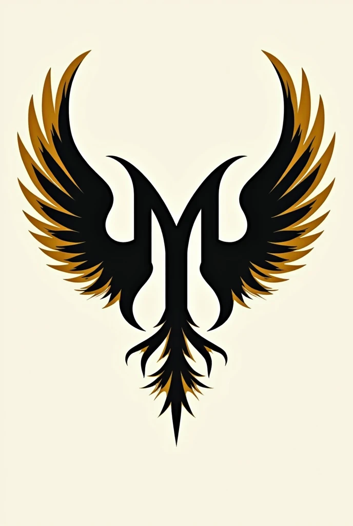 Logo with the letter M as a mythological symbol and wings. Black and mustard yellow color.