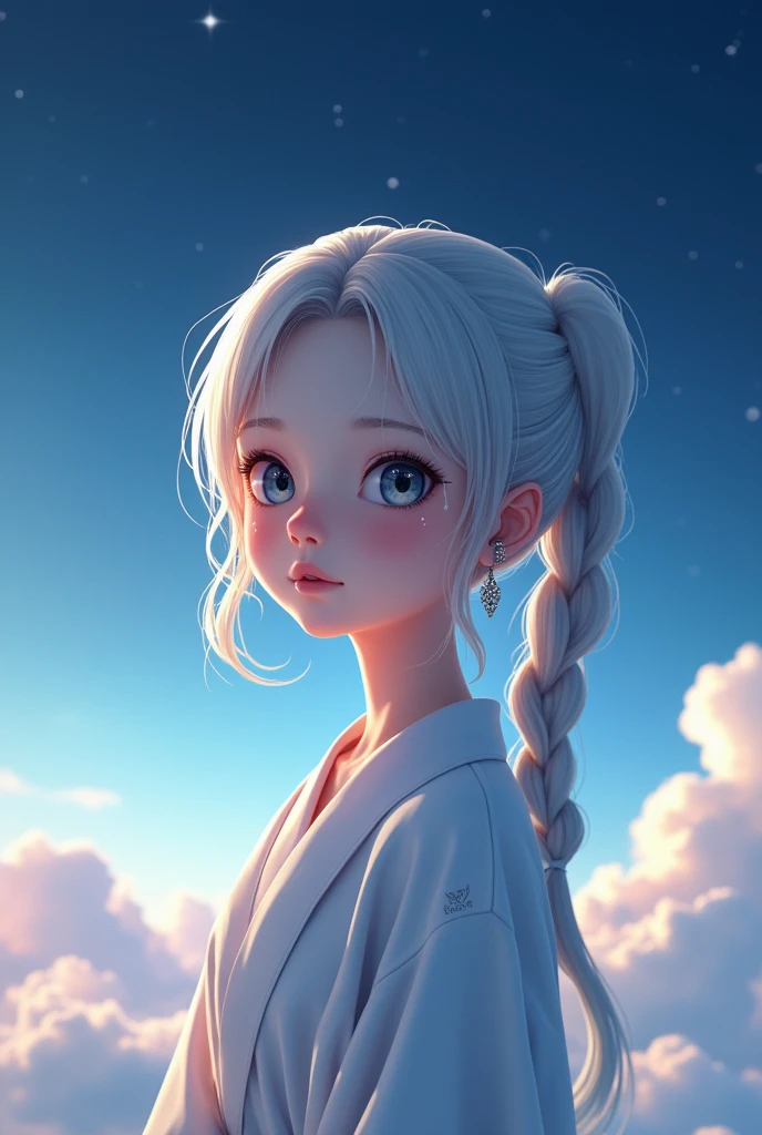 (best quality, masterpiece:1.2), Ultra-high resolution, Practical, forward lighting, Intricate details, Exquisite details and textures, Beautiful night sky, (Stars), Meteor Showers, Beyond the clouds,Wide Angle, Stunning clouds, 1 Girl, Solitary ,(young), Facial highlights, Upper Body, Delicate face, Tear mole, White skin, Silver Hair, Ponytail, Braided hair, Looking at the audience, big eyes, silk robe, (Hollow pattern, White, silk), earrings, Small Breasts, slim, VIP room, Professional lighting, Photon Mapping, Radiosity, Physically Based Rendering,