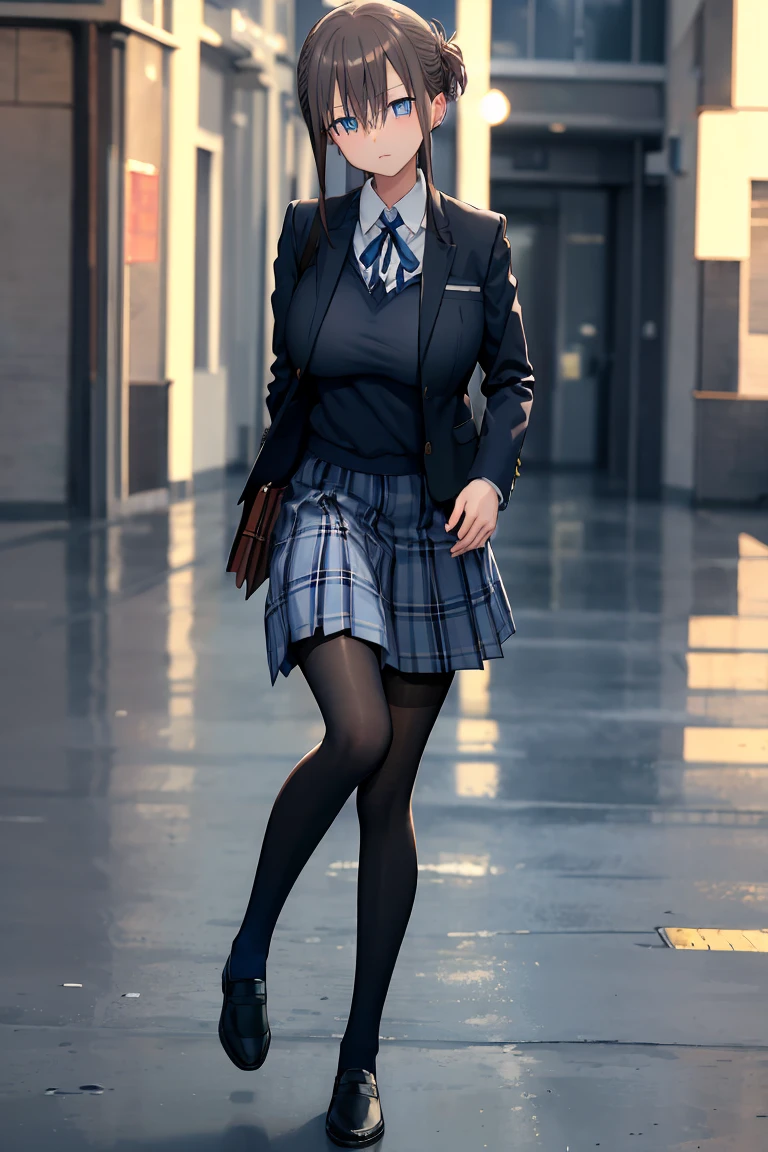 (detailed, High resolution, Highest quality,anime style),(masterpiece:1.2), (best quality:1.23),(full body:1.2),maegamichan, (Blue eyes), brown hair, hair over eyes, short hair,(big breast),blazer, jacket, pantyhose, plaid, plaid skirt, pleated skirt, school uniform, skirt, thighhighs, uniform, Vest
