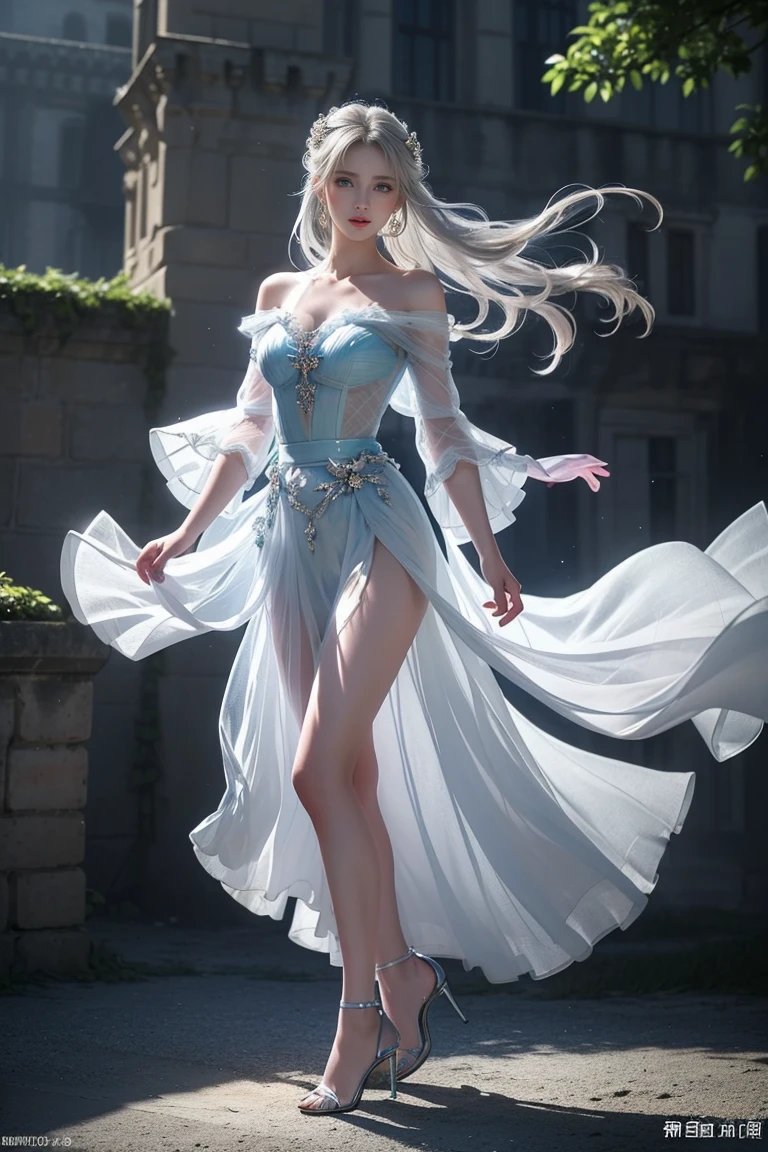 ((Girl standing in front of the castle wall))、Fluorescent color、One Girl、Look to the side、Beautiful Face、Beautiful Eyes、(Big Blue Eyes)（Rear view)、(look back）、（Silver blunt hair）、Shiny Hair、Glowing Skin、Reduce glare、Finger Proportion Adjustment、Escrow、Butt viewpoint、Dynamic Angle、（（Master Parts））、（（Highest quality））、（（（Ultra Details）、（An illustration）、（Detailed light）、（Very delicate and beautiful）、Dramatic Shadows、Ray tracing、reflection、Ultra-high resolution、（（Master Parts））、（（Highest quality））、（（Ultra HD））。 Ultra-high resolution、((Colorful hair and mesh))、Her hair flutters in the wind、(Big deep blue eyes)、Silvery white hair、haired woman、Sparkling Butterfly、Sparkling Butterfly、黒haired woman、Points of light around the woman、Magical Aura、Green dot、The nature of the aura、Magical Aura黒haired woman、 ((Translucent blue one-shoulder dress： 1. 3)、(No sleeve)、((The skirt flutters up in the wind))、((An old European castle stands in the distance))、(Full Body Shot),(Long legs)、(High heels),