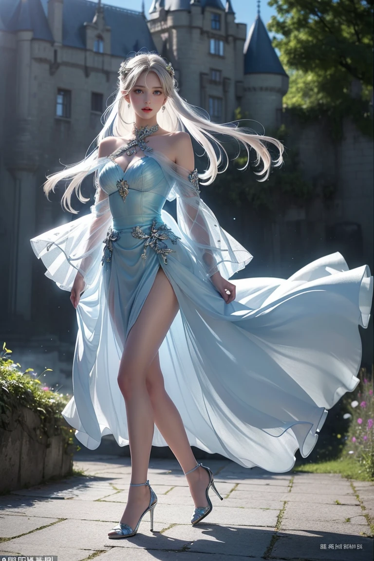 ((Girl standing in front of the castle wall))、Fluorescent color、One Girl、Look to the side、Beautiful Face、Beautiful Eyes、(Big Blue Eyes)(Rear view)、(look back)、(Silver blunt hair)、Shiny Hair、Glowing Skin、Reduce glare、Finger Proportion Adjustment、Escrow、Butt viewpoint、Dynamic Angle、((Master Parts))、((Highest quality))、(((Ultra Details)、(An illustration)、(Detailed light)、(Very delicate and beautiful)、Dramatic Shadows、Ray tracing、reflection、Ultra-high resolution、((Master Parts))、((Highest quality))、((Ultra HD))。 Ultra-high resolution、((Colorful hair and mesh))、Her hair flutters in the wind、(Big deep blue eyes)、Silvery white hair、haired woman、Sparkling Butterfly、Sparkling Butterfly、黒haired woman、Points of light around the woman、Magical Aura、Green dot、The nature of the aura、Magical Aura黒haired woman、 ((Translucent blue one-shoulder dress: 1. 3)、(No sleeve)、((The skirt flutters up in the wind))、((An old European castle stands in the distance))、(Full Body Shot),(Long legs)、(High heels),