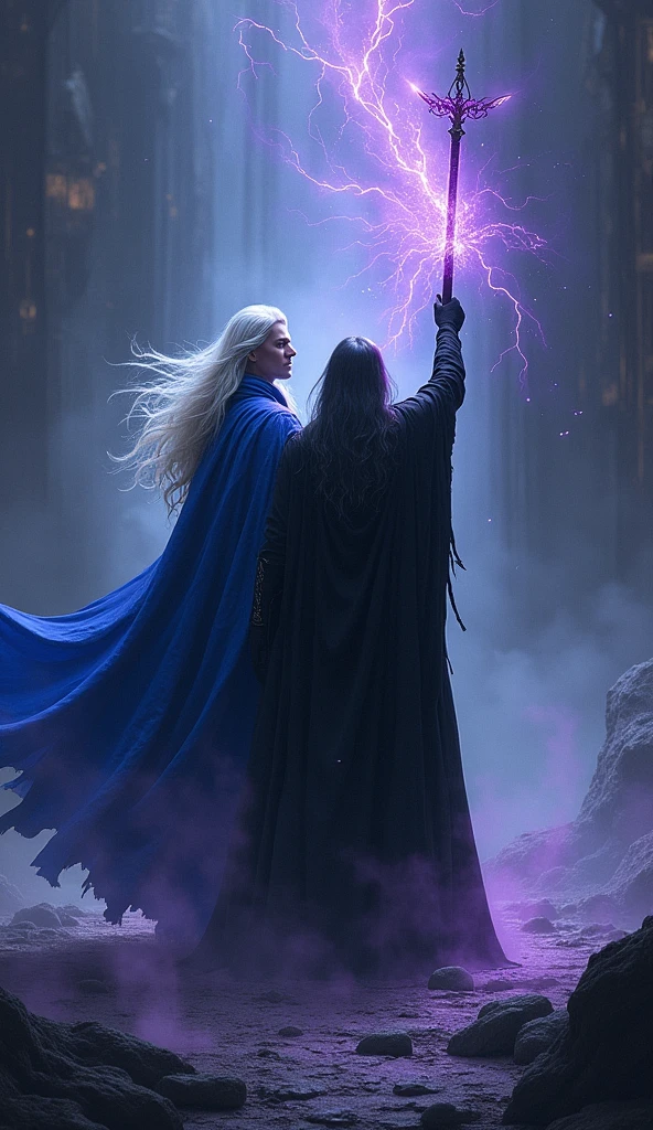 Mirage, a male wizard with long platinum blonde hair, stands next to Vortex, with long black hair and a black coat. He holds up his ancient staff, his blue robe fluttering as he invokes the power of the underworld. A powerful purple aura emanates from his staff and envelops Vortex's black sword. The energy pulsates with the power of Hades, ready to be unleashed on the oncoming demon horde.