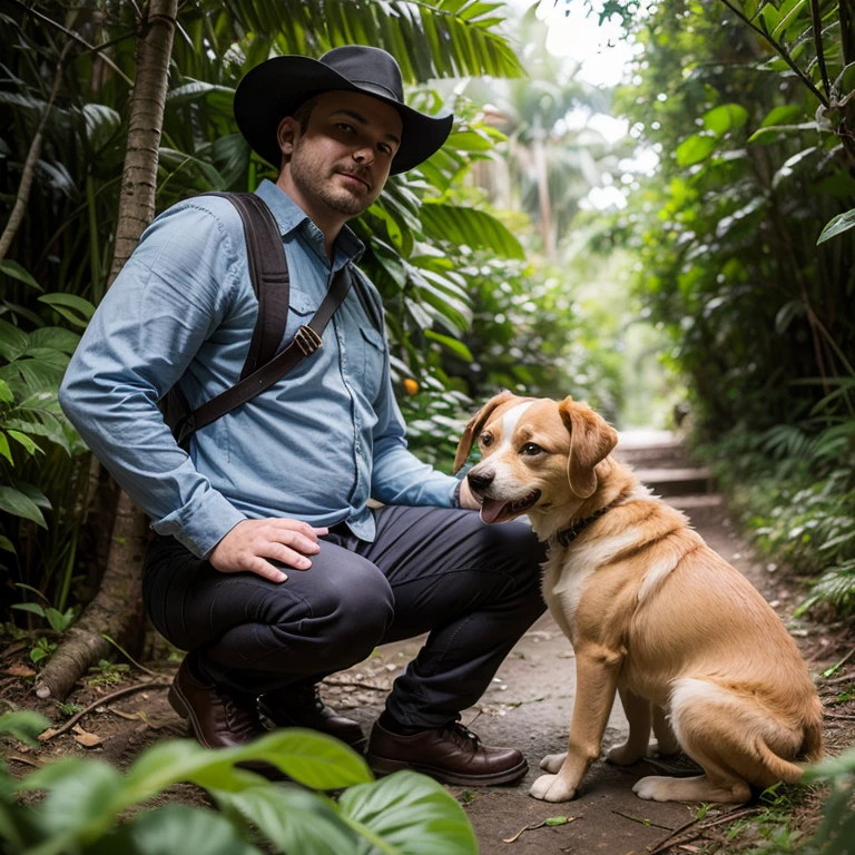 Man dressed as knight with his dog in tropical forest, high quality, photorealistic, 8 K  