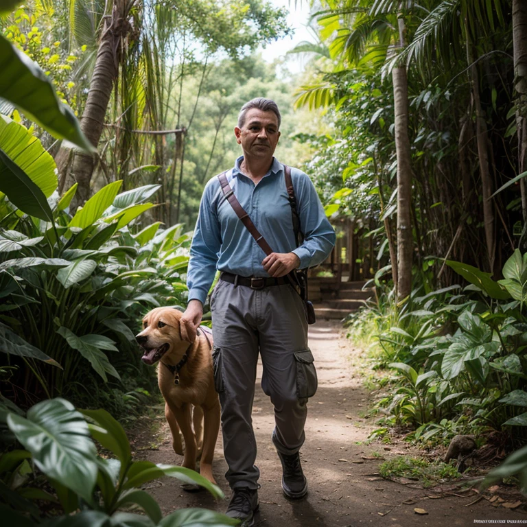 Man dressed as knight with his dog in tropical forest, high quality, photorealistic, 8 K  