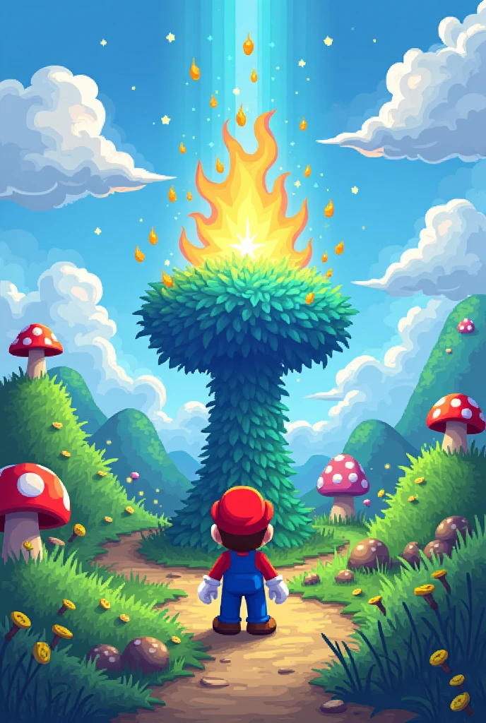 Image in Super Mario graphic with reference to the bush that caught fire but was not consumed, With blue colors, yellow and orange in evidence