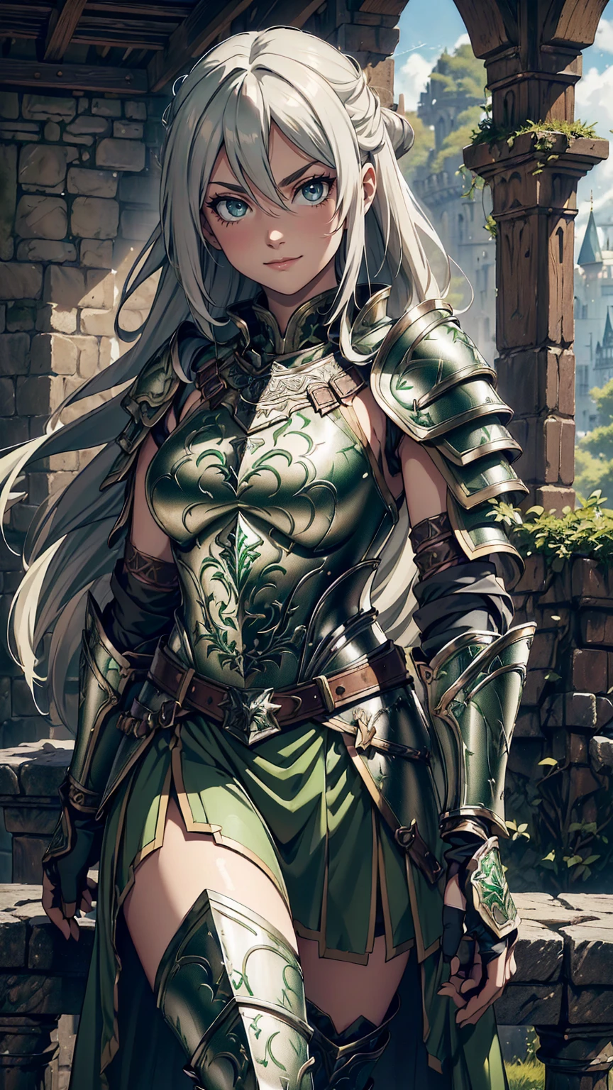 最high quality、Ultra High Definition, Ultra High Quality, Hyper Detailed, Extremely Detailed, Best image quality、masterpiece、anime woman((20-year-old、super dynamic pose , Dancing, Green solid eyes, Silver long Hair 、Disheveled Hair 、Long White Hair, Glove、Green Skirt,  Nature Design Armor, Smirk, cheerful expression, charismatic, Detailed Cuirass , Wearing  Full Coverage Fantasy Plate Armor, leg armor))Beautiful art、background((Inside the castle))、Written boundary depth、anime style,Visual Art, 8K,Genuine