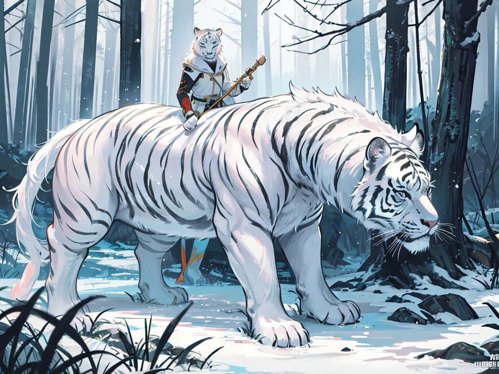 big white tiger standing in the swamp. a hunter with white hair carrying a bow riding the tiger proudly in the dense forest, foggy weather, tiger looks dashing and cool biting slime monster, there is snowfall in the forest, realistic, Bright colour, Zoom out, camera used cannon dslr camera. detail,