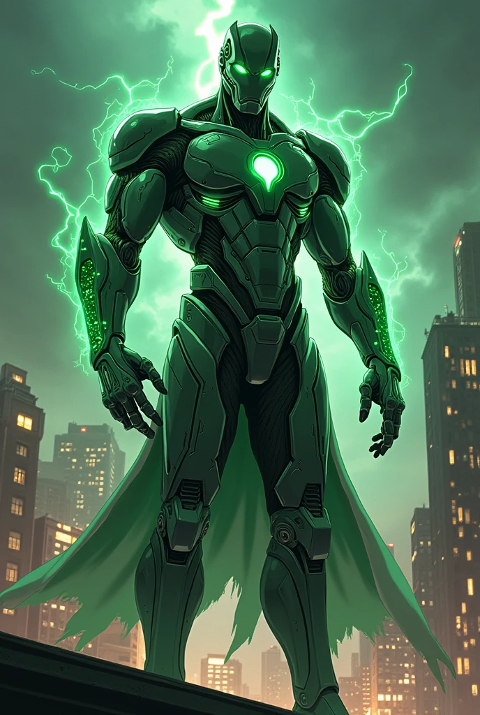 Cyborg anime inspired by ultron, with green energy, man