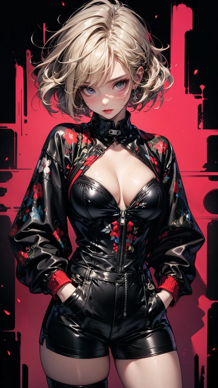 woman with hands in pockets, Ash grey asymmetrical short hair, Sharp Eyes, Big Breasts, Exposed cleavage, Leather corset that fits perfectly to the skin, Leather micro mini shorts, Collage with black flowers, Anime Style, Digital Painting, (masterpiece), (Highest quality), (Very detailed),