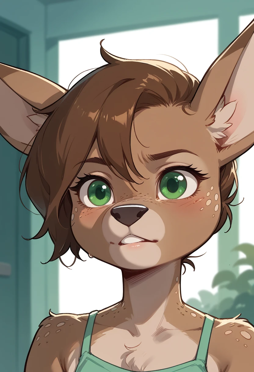 lotte, deer girl, furry female, body fur, animal nose, snout, animal ears, green eyes, brown hair, short hair, freckles,