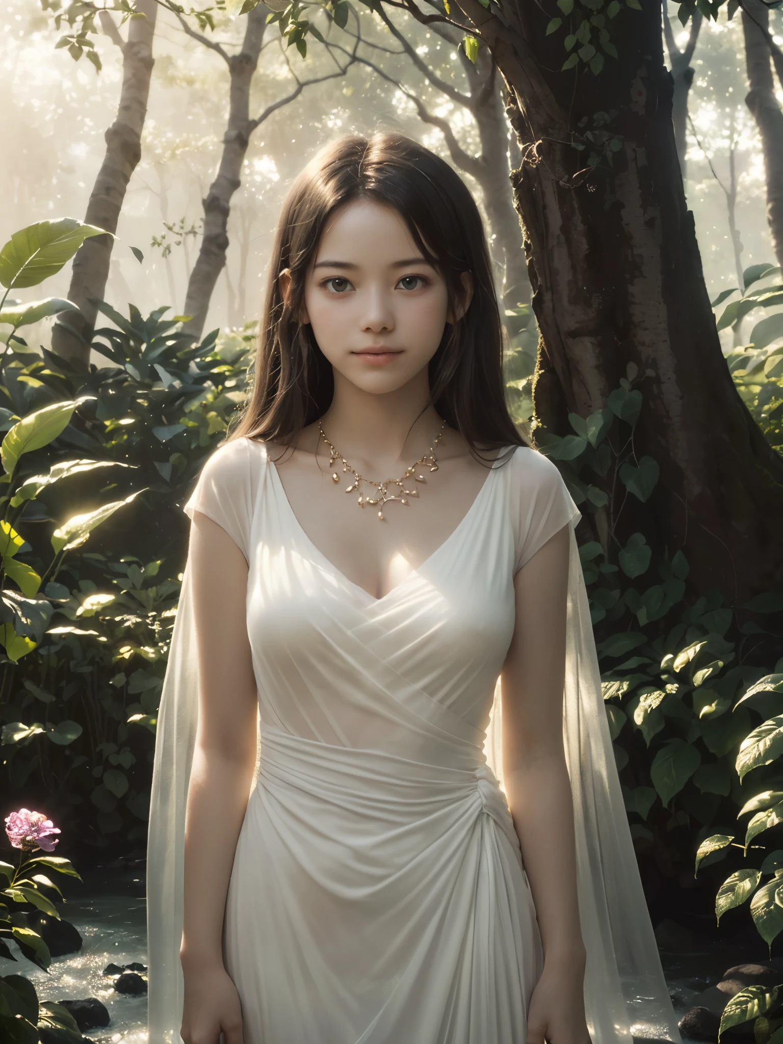 1girl, standing, in the park, draped (see-through:1.2) white dress, opulent golden-trim, detailed face, (looking at viewer:1.4), (10yo, cute:1.8), (breasts:1.2), delicate crystal necklace, waterfalls, surrounded by lush, vibrant greenery, blooming flowers, and softly glowing light, gentle smile, alluring peaceful posture, warm sunlight filtering through trees, ((soft, diffused lighting, high bloom, glowing light, soft highlights, radiant aura, overexposed edges, dreamy illumination, hazy glow, ethereal light:1.4), (subtle light flares:1.2), tranquil setting, vibrant colors, surreal, heavenly vibe, paradise-like environment, detailed textures, relaxing mood, close-up shot,