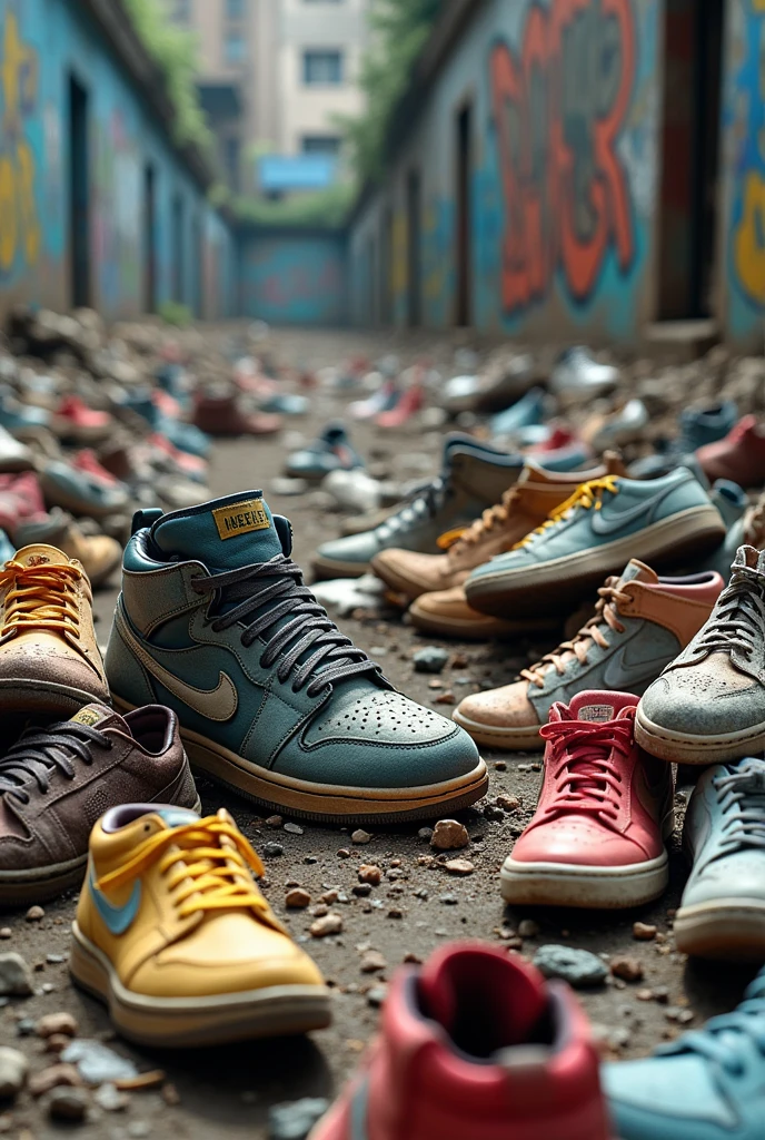 Many destroyed sneakers